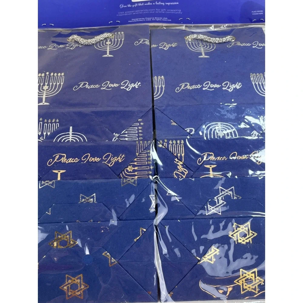 EcoLuxe Hanukkah Gift Bags Set of 8 Handmade 7x5x2.5 Peace Love Light Menorah